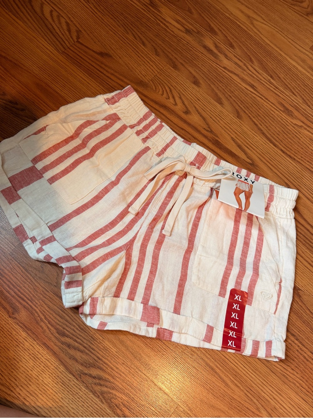 Roxy Women's Cream & Pink Striped Linen-Blend Shorts XL NWT